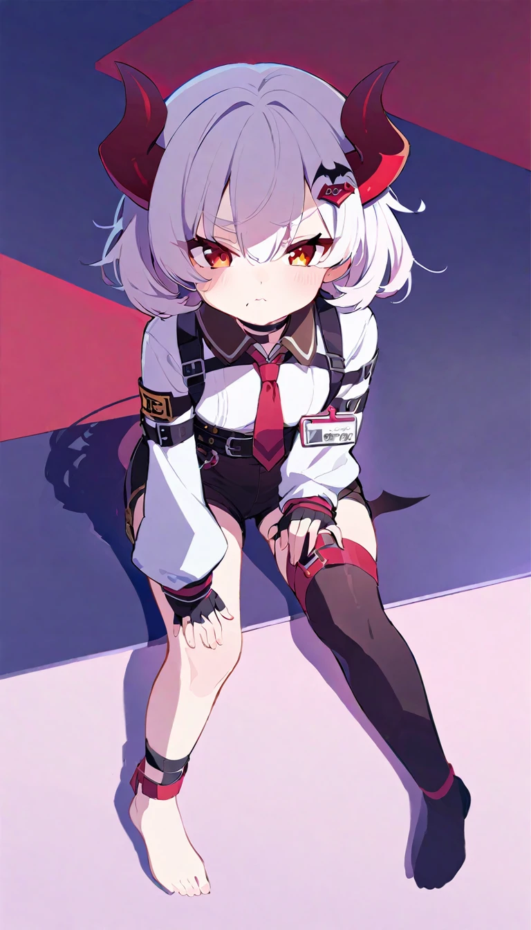 Teenage girl, devil girl, small red horns, white hair, short fluffy hair, big red eyes, pale skin, blushing cheeks,red cheeks, brown eyes, hair ornament, white shirt, long sleeves, pink tie, black choker, harness, name tag, multiple belts, high waist shorts, black shorts, thigh strap, fingerless glove, simple glove, full body, alone