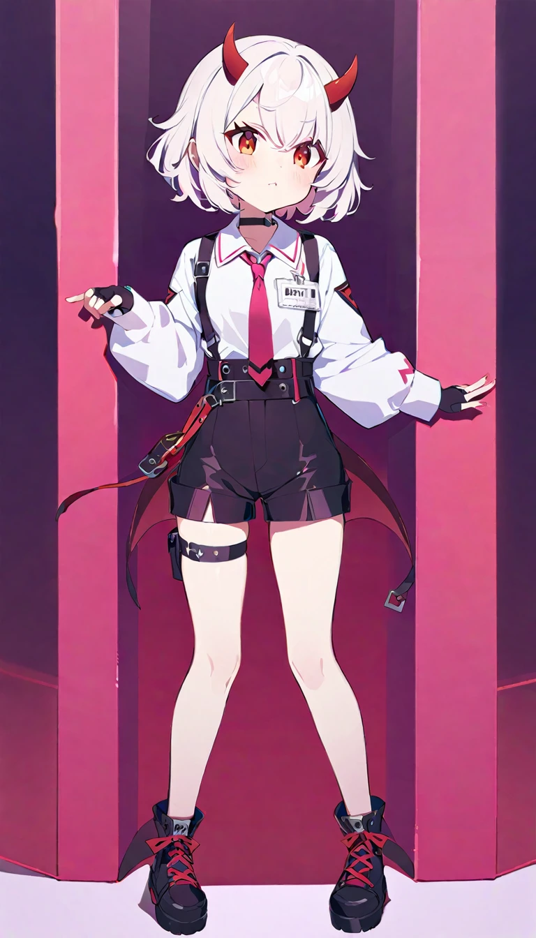 Teenage girl, devil girl, small red horns, white hair, short fluffy hair, big red eyes, pale skin, blushing cheeks,red cheeks, brown eyes, hair ornament, white shirt, long sleeves, pink tie, black choker, harness, name tag, multiple belts, high waist shorts, black shorts, thigh strap, fingerless glove, simple glove, full body, alone