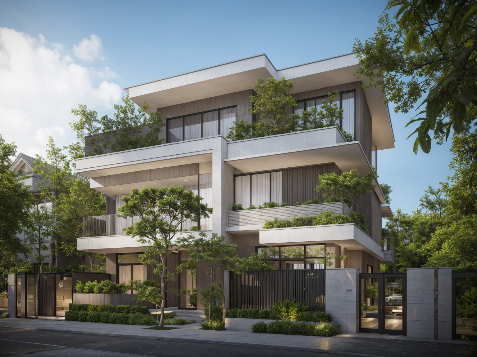 RAW photo, Exterior of two story white modern house, road, ((sidewalk)), ((sidewalk trees)), residences area, day time, tropical trees and plants, (high detailed:1.2), 8k uhd, dslr, soft lighting, high quality, film grain, Fujifilm XT3)