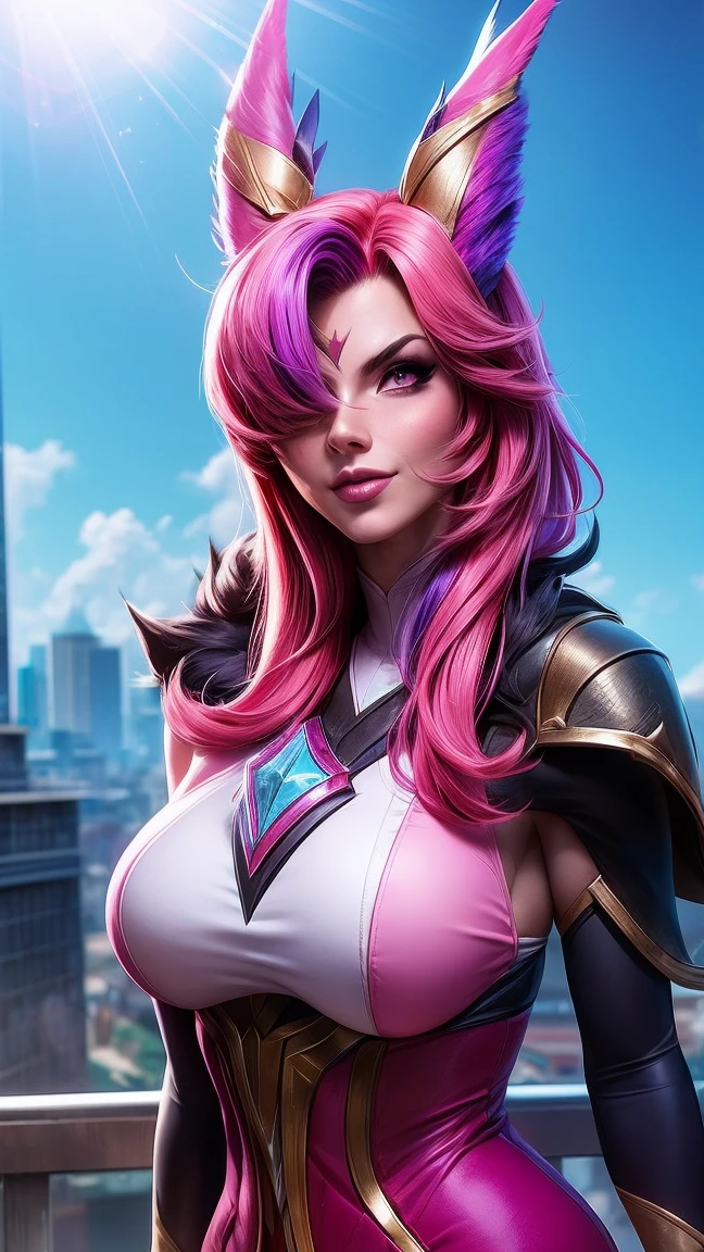 ((best quality)), ((​masterpiece)), ((xayah)), (League of Legends), ((standing)), erotic pose, (pink eyes), ((Red Hood Head gear)), ((upper body)), Unreal Engine, realisti, pretty, sexy, young girl, ((pink Hair)), neck ribbon, big , professional make-up, Cool, sunny day, Tyndall effect, Guter Ray, city in the background, outside, bright, subtle smile,