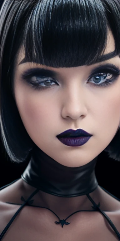 Closeup of mavis dracula, extraordinary beauty and very detailed, blue eyes white skin short bob hair with bangs and eyeliner, gothic makeup thick lips,solo face high resolution levels 12k image 1.2 high resolution