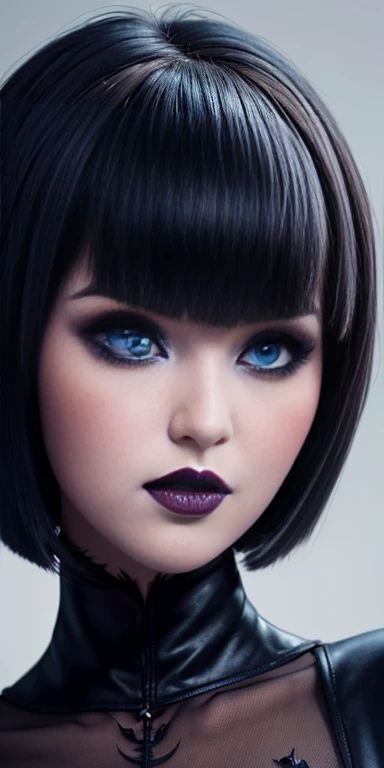 Closeup of mavis dracula, extraordinary beauty and very detailed, blue eyes white skin short bob hair with bangs and eyeliner, gothic makeup thick lips,solo face high resolution levels 12k image 1.2 high resolution