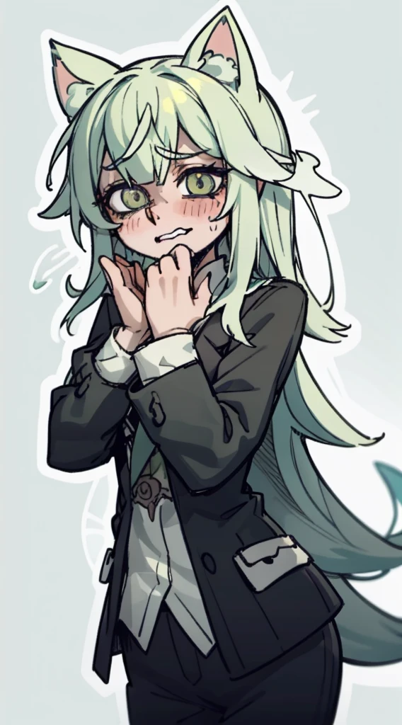 shy, scared, baggy eyes, light green background, cat smile , change , very long hair  ,detailed hands ,light green hair color, blushing, sweat, drops , flushed ,orejas de zorro caidas, uniforme escolar , 