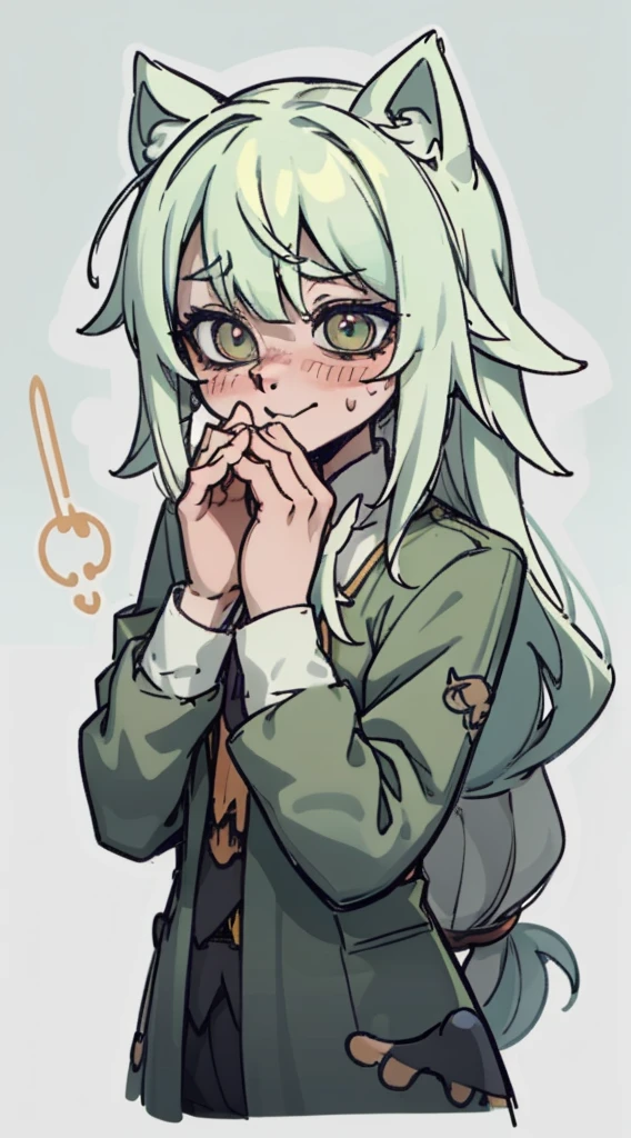 shy, scared, baggy eyes, light green background, cat smile , change , very long hair ,detailed hands ,light green hair color, blushing, sweat, drops , flushed ,orejas de zorro caidas, uniforme escolar ,