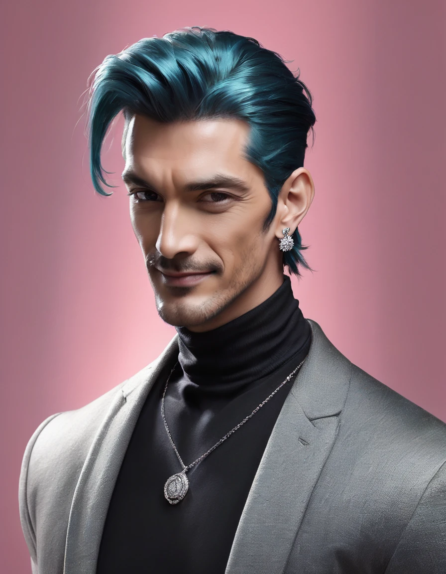 ((((best masterpiece, best quality, wallpaper,)))) solo, guy, male body, small muscles, flat chest, 1male, 30 years old, handsome man, dramatic angle, upper body, looking at viewers, beautiful detailed, finger to mouth, mediumturquoise hair, ((((Lower short ponytail)))), asymmetrical bangs, ((short hair,)) seductive smile, ((((closed eyes, ^o^, tareme, droopy eyes,))) perfect face, sharp nose, seductive smile, clear face, black turtleneck, grey cardigan, ((silver earrings, silver necklace,)) leggings, lighting back, backlighting, pink background color ultrasharp, 8K, masterpiece,