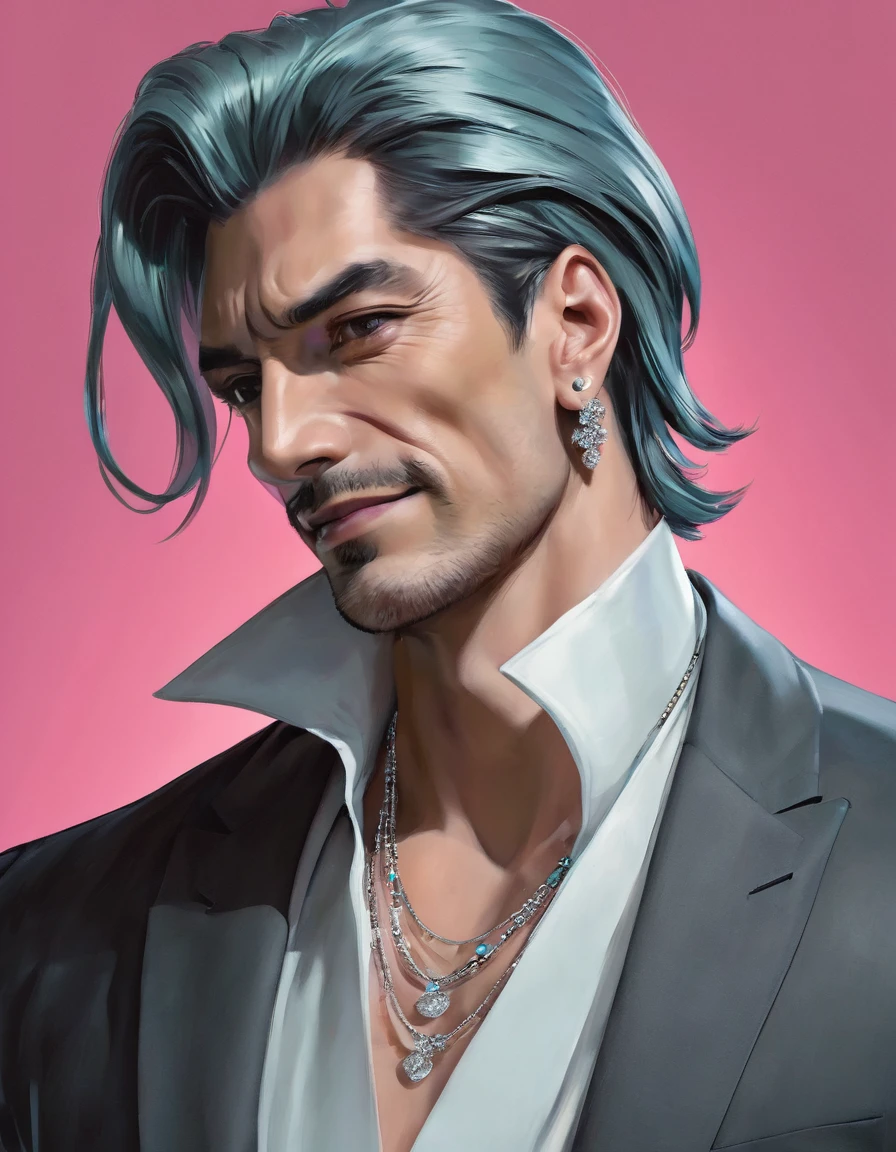 ((((best masterpiece, best quality, wallpaper,)))) solo, guy, male body, small muscles, flat chest, 1male, 30 years old, handsome man, dramatic angle, upper body, looking at viewers, beautiful detailed, finger to mouth, mediumturquoise hair, ((((Lower short ponytail)))), asymmetrical bangs, ((short hair,)) seductive smile, ((((closed eyes, ^o^, tareme, droopy eyes,))) perfect face, sharp nose, seductive smile, clear face, black turtleneck, grey cardigan, ((silver earrings, silver necklace,)) leggings, lighting back, backlighting, pink background color ultrasharp, 8K, masterpiece,