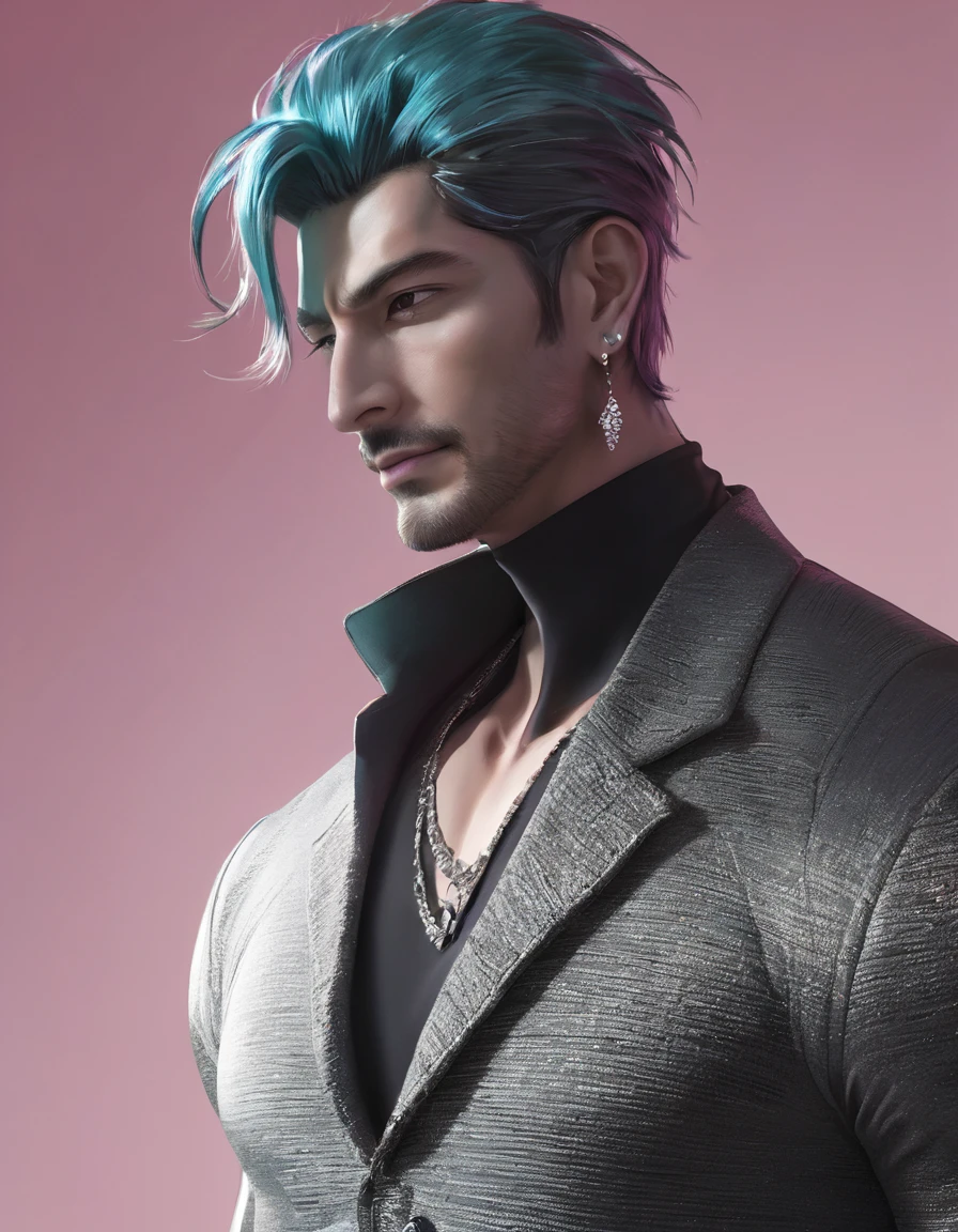 ((((best masterpiece, best quality, wallpaper,)))) solo, guy, male body, small muscles, flat chest, 1male, 30 years old, handsome man, dramatic angle, upper body, looking at viewers, beautiful detailed, finger to mouth, mediumturquoise hair, ((((Lower short ponytail)))), asymmetrical bangs, ((short hair,)) seductive smile, ((((closed eyes, ^o^, tareme, droopy eyes,))) perfect face, sharp nose, seductive smile, clear face, black turtleneck, grey cardigan, ((silver earrings, silver necklace,)) leggings, lighting back, backlighting, pink background color ultrasharp, 8K, masterpiece,