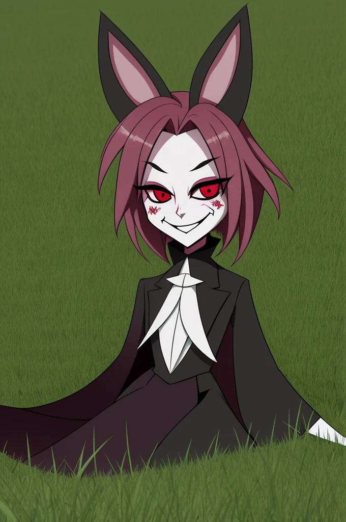 Drawing of the Hazbin Hotel fandom character called Samael, Samael blushing and happy in a green grass that simulates Eden