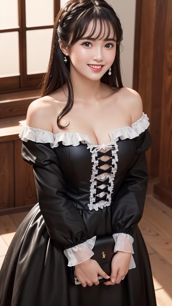 highest quality, masterpiece, Ultra-high resolution, realistic:1.3, solo:1.3, ((Clear Face)), cowboy shot, from above, leaning forward, (glowing skin), (looking at camera:1.3), (black ta dress), standing in room, (medium busts:1.3), long hair, smile, soft brightness
