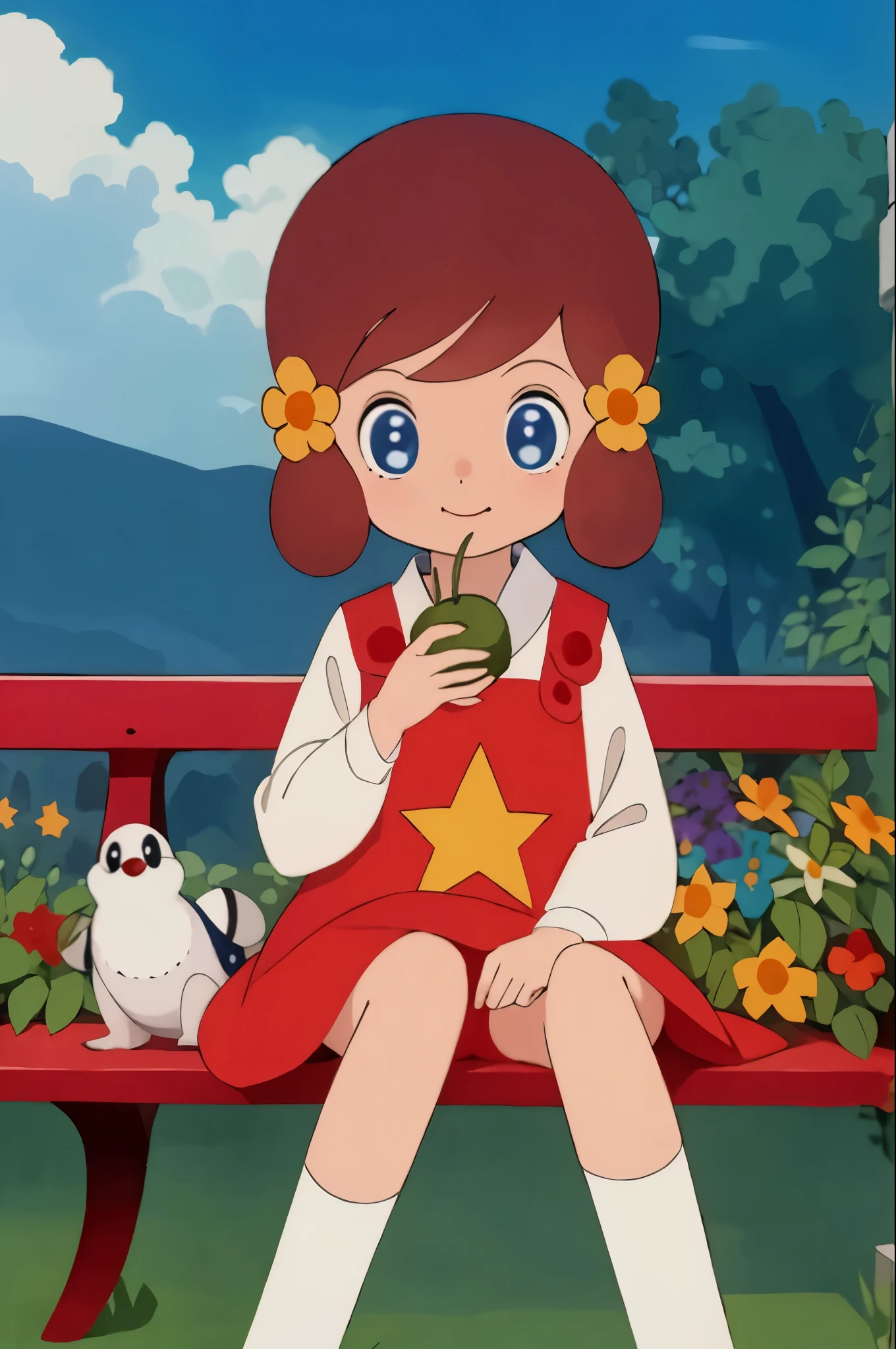 masterpiece, best quality, solo, 1girl,
chappy,
Garden、Sit on a bench、Holding a large triangular rice ball in both hands、Happy expression、Mouth wide open、晴れた日のGarden、