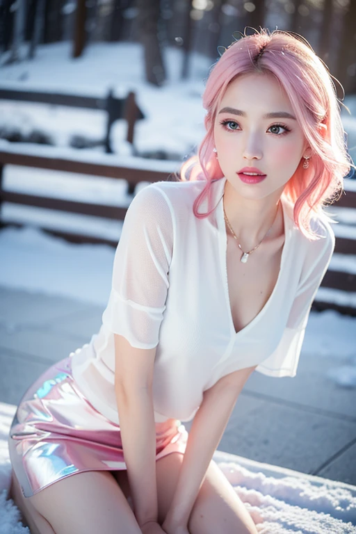 1 girl, Korean model, extremely beautiful, perfect body. Photo taken with Canon EOS R5 85mm f/11 Camera, ((sharp)) mode of people and surrounding scenery. Image quality ((8K)), ((lifelike)), ((masterpiece)), ((sharp and highest contrast)), ((great depth of field)), ((light stereolithography)). ((Pink hair)), long and smooth, the wind blows it beautifully under the bright sunlight. Beautiful face, perfect and sexy, holy, perfectly balanced, ((beautiful in every detail)), ((shiny)), ((high-end cosmetic makeup)), ((shiny bright, radiant)). Bright smile, pure white teeth and details. Seductive glossy red lips, ((brilliant glossy red lipstick)). The eyes are brown, glossy, seductive, ((sharp makeup)), realistic, ((wet eyes)) and detailed. Pink eyeshadow, long eyelashes, blush, high-end cosmetics. Two delicate eyelids, perfectly beautiful and detailed, black eyelashes. Eyebrows are curved, sparse, sharp and detailed. High and detailed nose. Cheeks are prominent and detailed. ((Ivory white, bright white skin)), detailed pores, ((shiny skin)), smooth, rosy, flawless skin texture. Long, shiny legs. Beautiful, perfect hands, ((no flaws)). ((Light shines directly on the face)), bright sunlight, ((shines light on the front part of the girl's body)).
Earrings, necklace, belt, ((thin shirt)), ((shiny leather skirt)), high heels, bracelets.
Close-up photo of girl on the street, ((white snow)), cold wind, icy, cold, numb, ((frozen)), snowflakes, lonely, magical, dreamy, waiting , ((hope)), ((an ancient spear)).