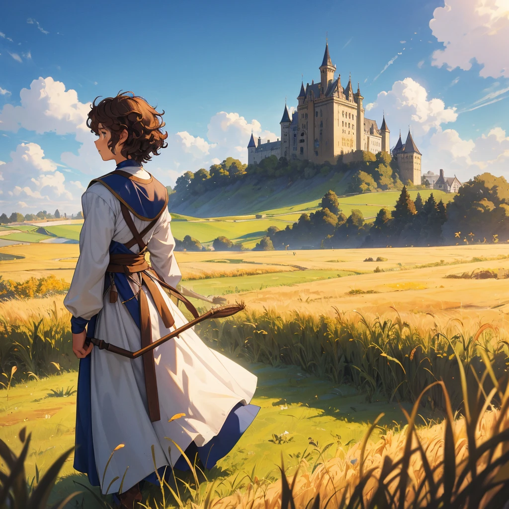 back view single curly brown hair boy with medieval outfit walking in the wheatfield and the castle from the distance, blue sky