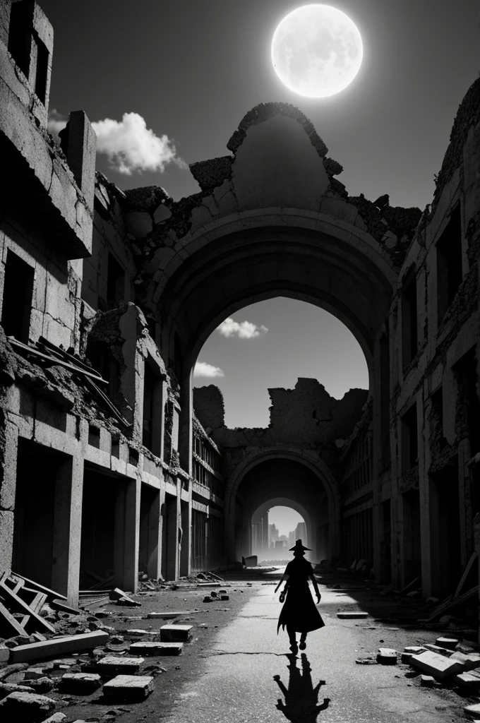 A world in ruins and in the middle a shadow walking black and white anime style 