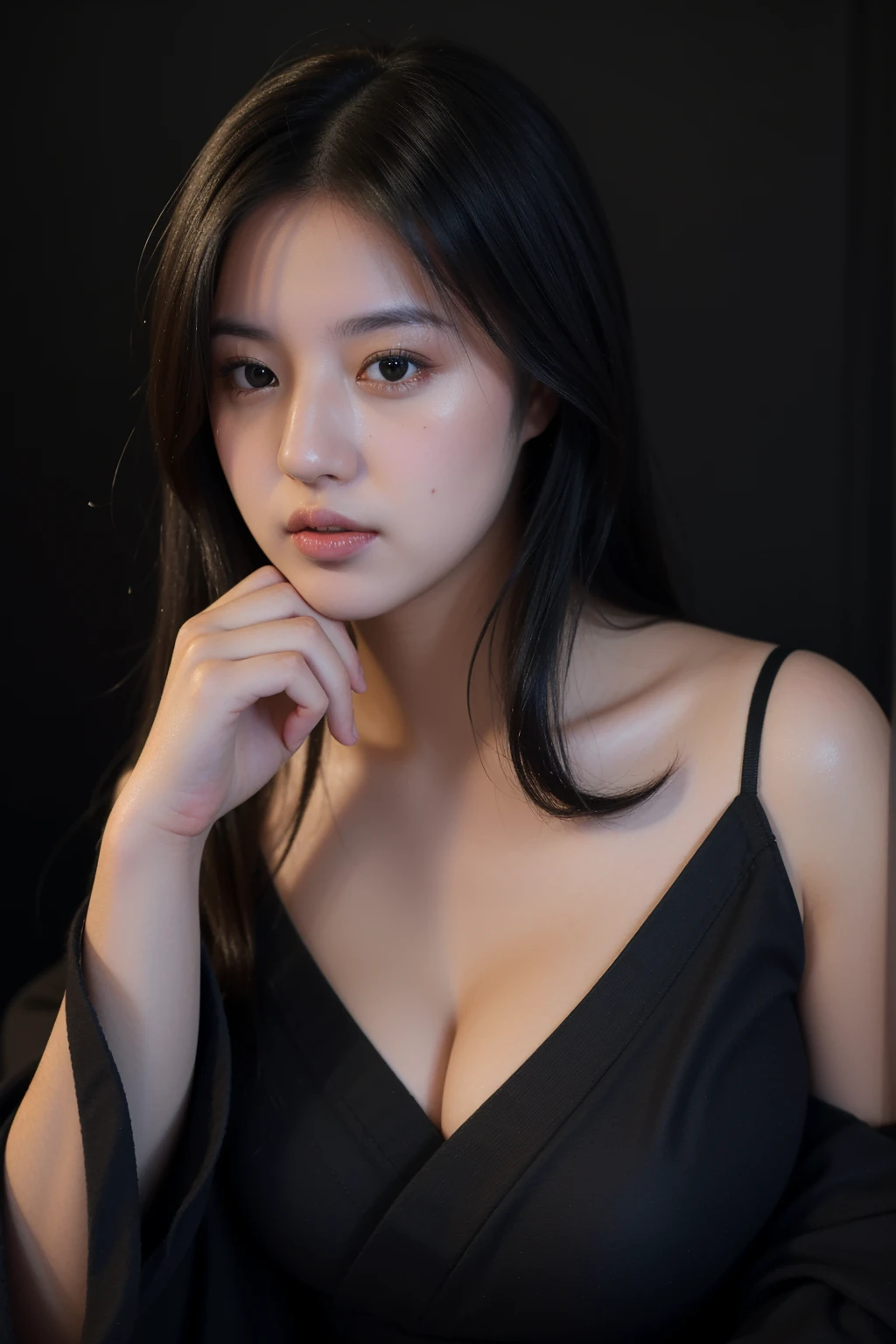 ((Best quality, 8k, Masterpiece :1.3)), Image of a Malay pretty girl superidol. Long black hair:1.3. (Beautiful Malay girl in kimono), ((black kimono)). Big breasts:1.3, close up cleavage. ((Bare shoulders _depth of field)), atmospheric perspective, Volumetric lighting, Clear focus, absurd resolution, Realistic proportions, Good anatomy, (realistic,Hyper-realistic:1.37), 16K HD, INFO. ((dark background)), ((black background))