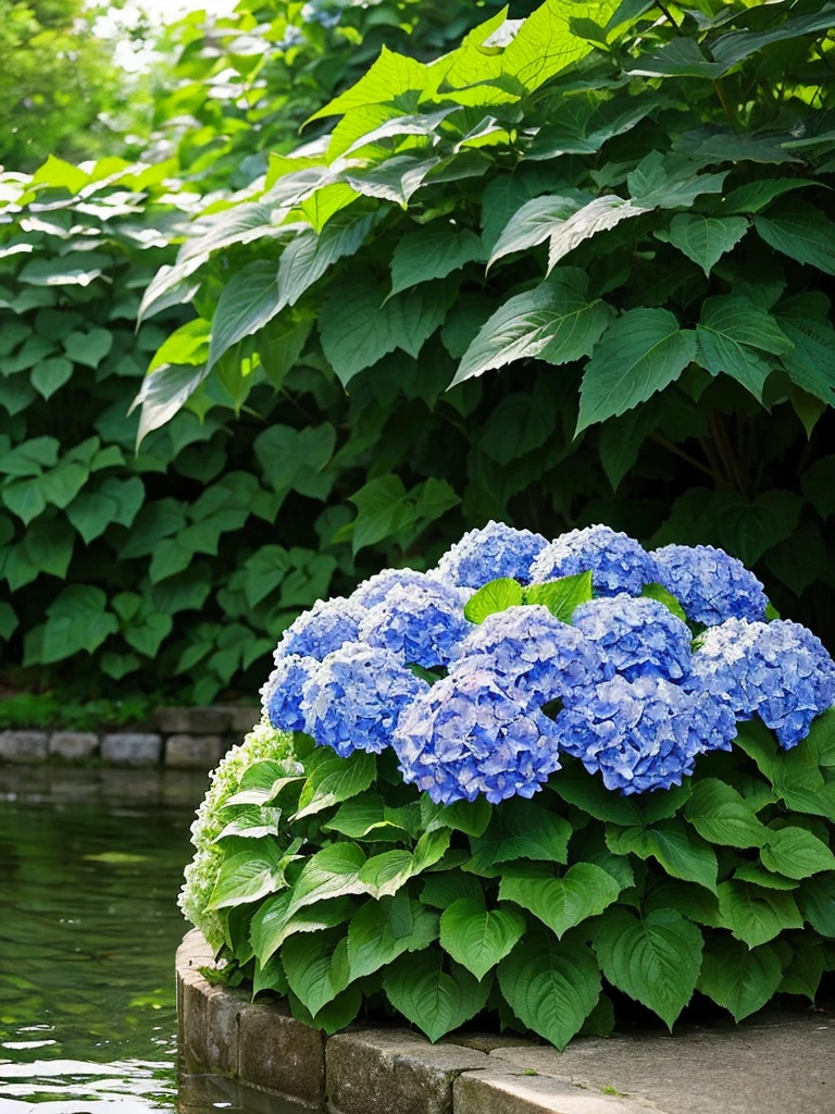 Hydrangea, lake, Small hill, wallpaper, Atmospheric perspective, masterpiece, Highest quality, Anatomically correct