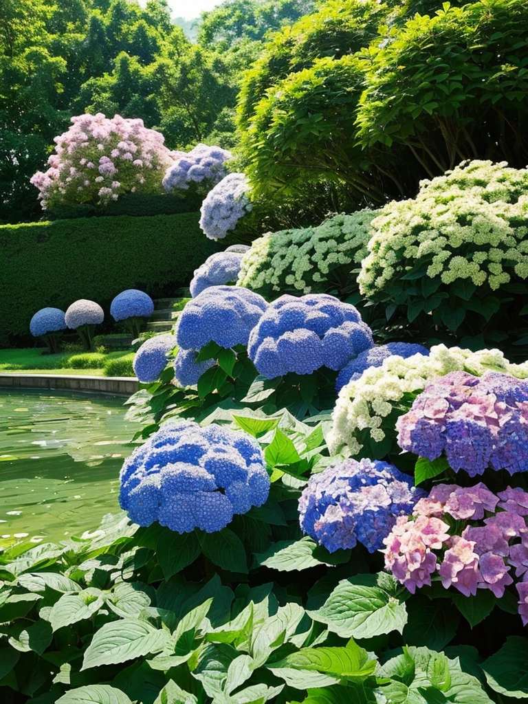 Hydrangea, lake, Small hill, wallpaper, Atmospheric perspective, masterpiece, Highest quality, Anatomically correct