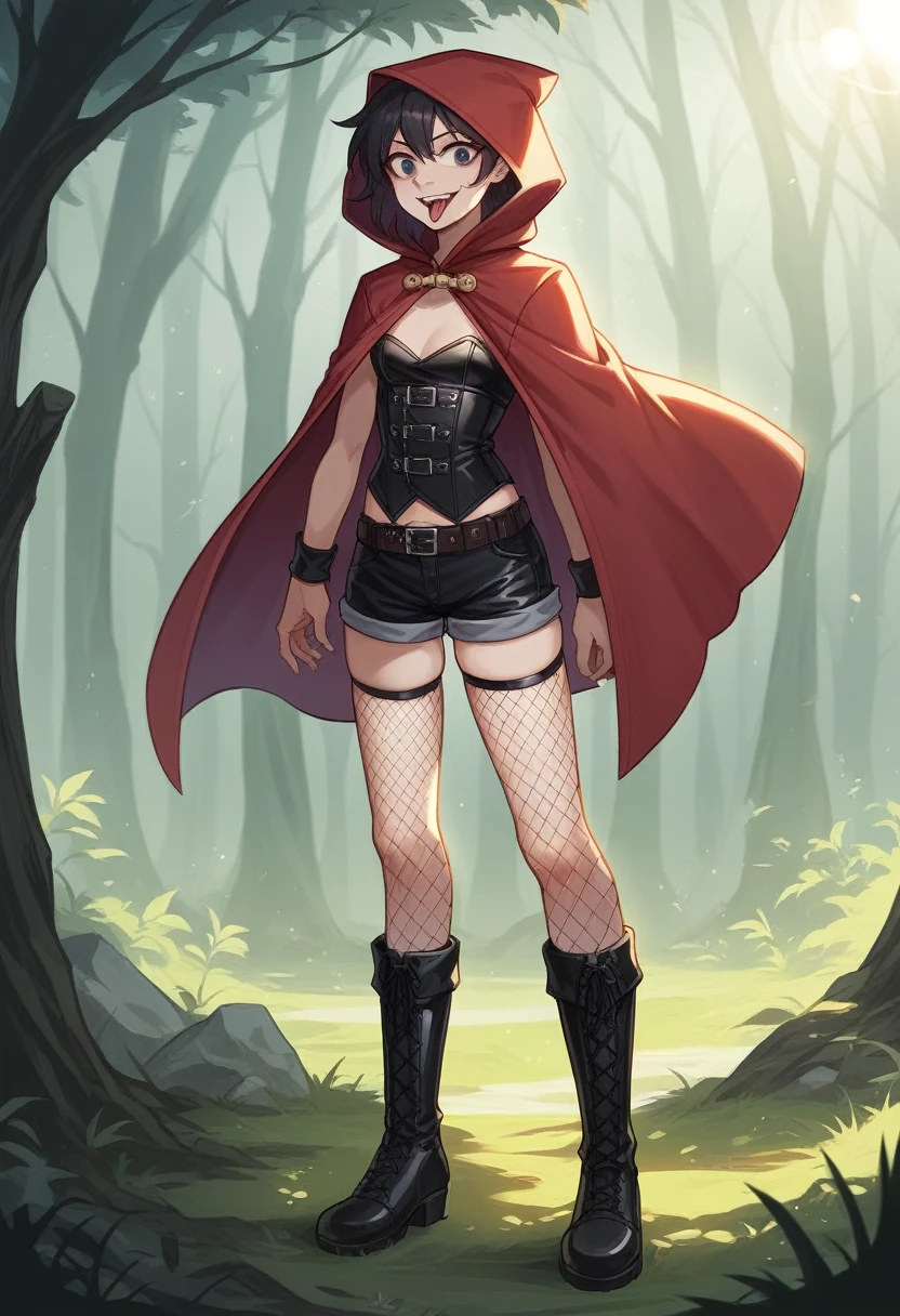 A young girl in a red hood and black boots stands in a dark forest. She is wearing a black leather corset and fishnet stockings. His hair is long and black, and his eyes are dark and piercing. but his expression is one of danger and seduction.

Behind her, a large wolf stands on its hind legs. , and his eyes are glowing red. His teeth are showing, and his tongue is hanging out. 

The image is dark and sensual. It suggests a dangerous and forbidden attraction between the two characters. cinematic, 4k, taken by kodak ultra, lens 105 mm, long exposure time 600 seconds, oscar winning photography