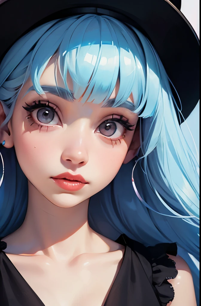 a close up of a woman with a hat and a dress, melanie martinez, her face looks like an orchid, she looks like a mix of grimes, # rococo, old timey, belle delphine, her hair is white, photographed on colour film, beautiful stella maeve magician, with hat, gorgeous stella maeve magician, & her expression is solemn