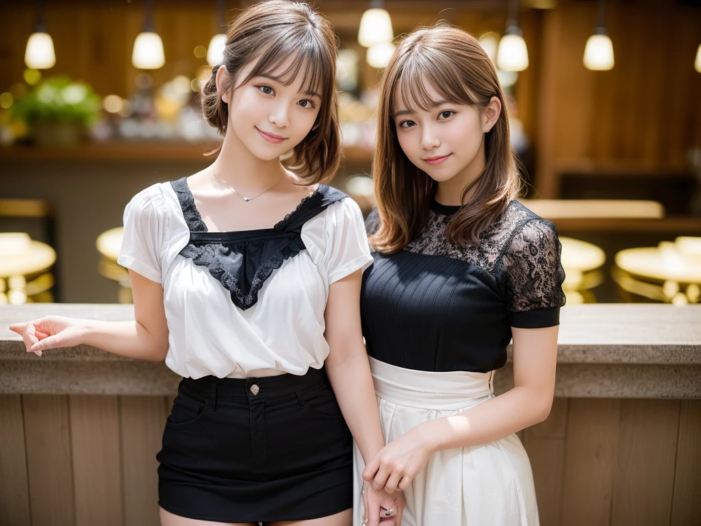 (Highest quality, masterpiece, Ultra-high resolution, 8K, RAW Photos, Realistic, Anatomically correct:1.5), (Stainless steel round bar fence:1.0, Put your elbow on the fence:1.2, high school girl、20-year-old girl:1.2, Embarrassing, avert your eyes, blush:1.0, View Viewer, ((bar)) 、Night view、 Light:1.2, Bokeh, Cinema Lighting:1.0, Depth of written boundary, sharp、 Cute face、Idol、Black short sleeve lace top、Black pleated skirt、Black clothing、”dwarf”、(Floral clothes)、Full Body Shot、Cowboy Shot、 smile、(Ultra short hair、Short ponytail)、(Straight bangs)、((See-through))、(( One Girl))