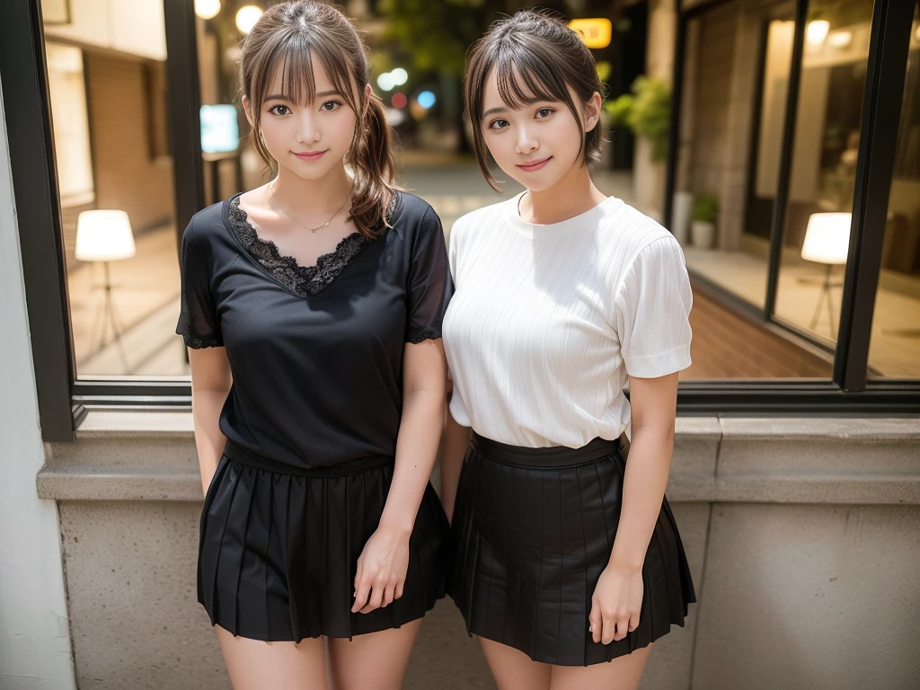 (Highest quality, masterpiece, Ultra-high resolution, 8K, RAW Photos, Realistic, Anatomically correct:1.5), (Stainless steel round bar fence:1.0, Put your elbow on the fence:1.2, high school girl、20-year-old girl:1.2, Embarrassing, avert your eyes, blush:1.0, View Viewer, ((bar)) 、Night view、 Light:1.2, Bokeh, Cinema Lighting:1.0, Depth of written boundary, sharp、 Cute face、Idol、Black short sleeve lace top、Black pleated skirt、Black clothing、”dwarf”、(Floral clothes)、Full Body Shot、Cowboy Shot、 smile、(Ultra short hair、Short ponytail)、(Straight bangs)、((See-through))、(( One Girl))