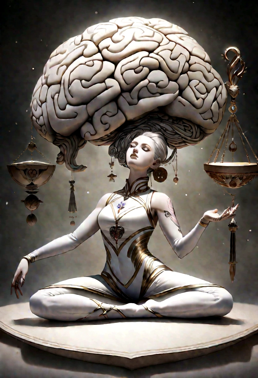Draw a tattoo design featuring a human figure in a yoga pose, with an anatomical heart and brain floating alongside the body. A frase 'I'm doing everything I can' pode ser escrita em uma espiral ao redor da figura, symbolizing effort, balance and harmony, with subtle and elegant features."