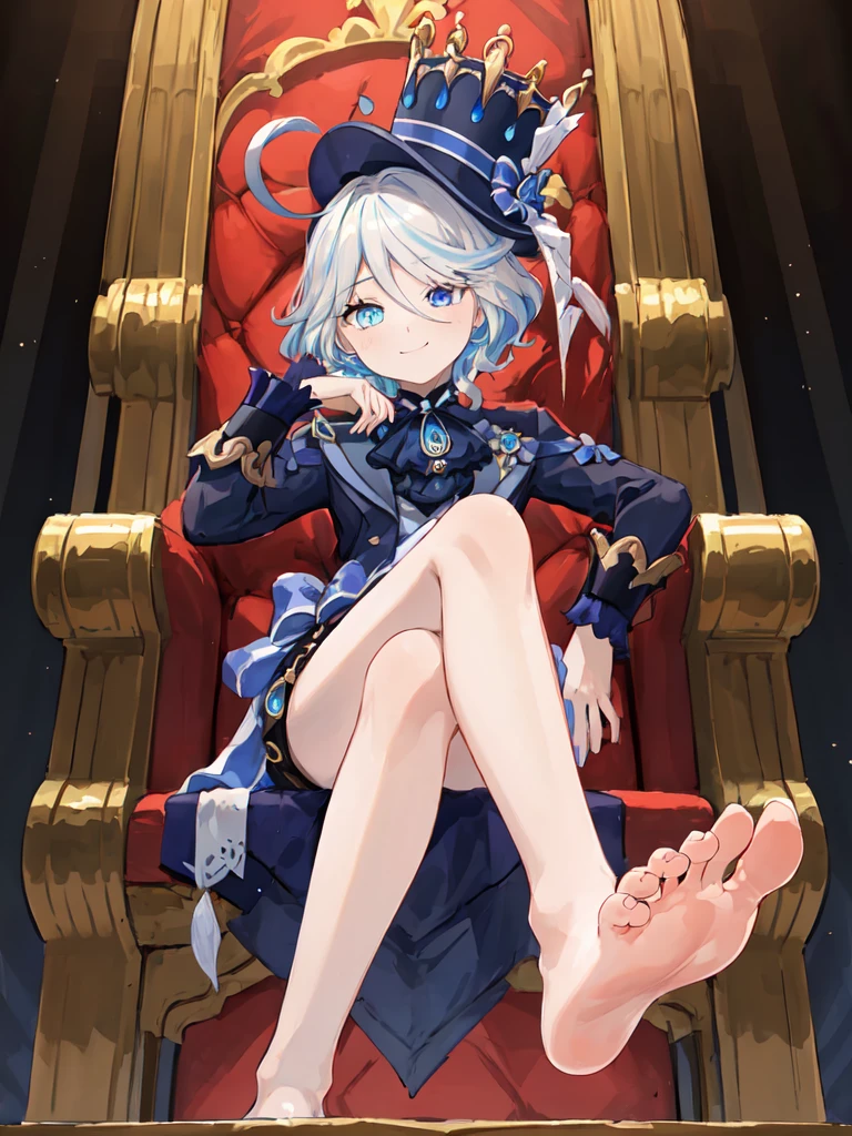 ((masterpiece,Highest quality)), One girl, Furina, Heterochromia iridis, short hair, Blue Hat, Black shorts, barefoot, Toes, Sit in an armchair, From below, smile, crossed foot, Hand on chin,((thigh)),((foot)),2foot,((From below)),