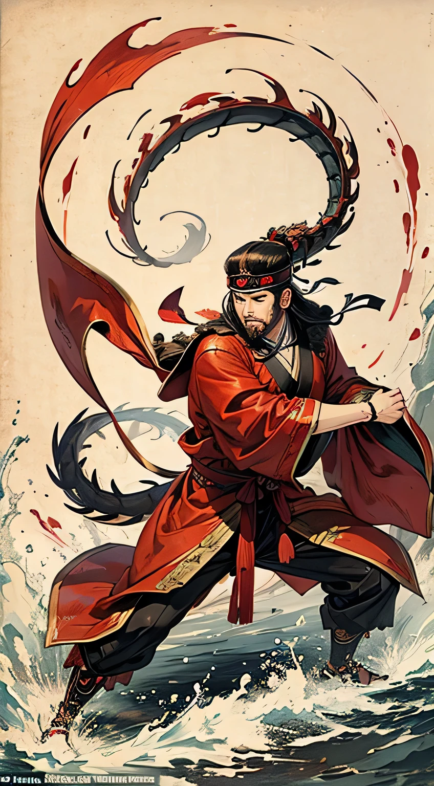 On the bloody battlefield,The emperor in dragon robe led his soldiers to fight bloody battles,Taoist Bagua diagram floating in the sky