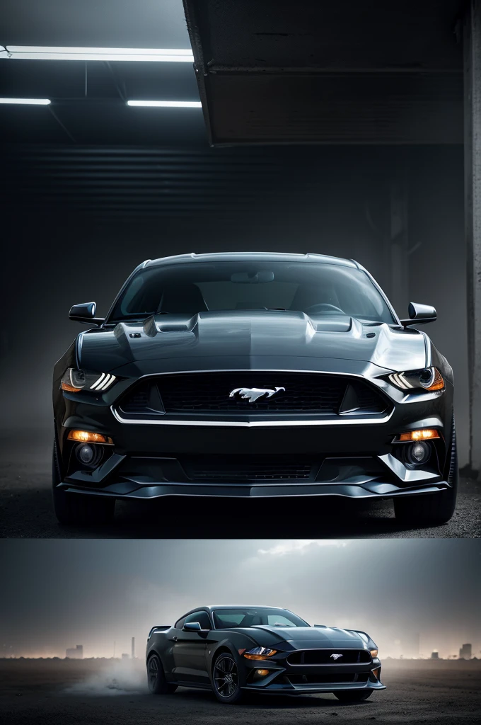 "Close-up of a black Mustang Ford muscle car, in a dark futuristic city background with fog and dust,ultra detailed, high definition, no cuts on the
Frontal image"
