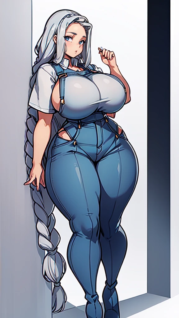 ((blank background)), masterpiece, best quality, silver hair, (curvy:1.7), (massive breast:1.5), ((full body framing)), (long legs:1.6), symmetry, farmer woman, (blue overalls), long boots, belt below navel, lumberjack shirt, (braided hair)
