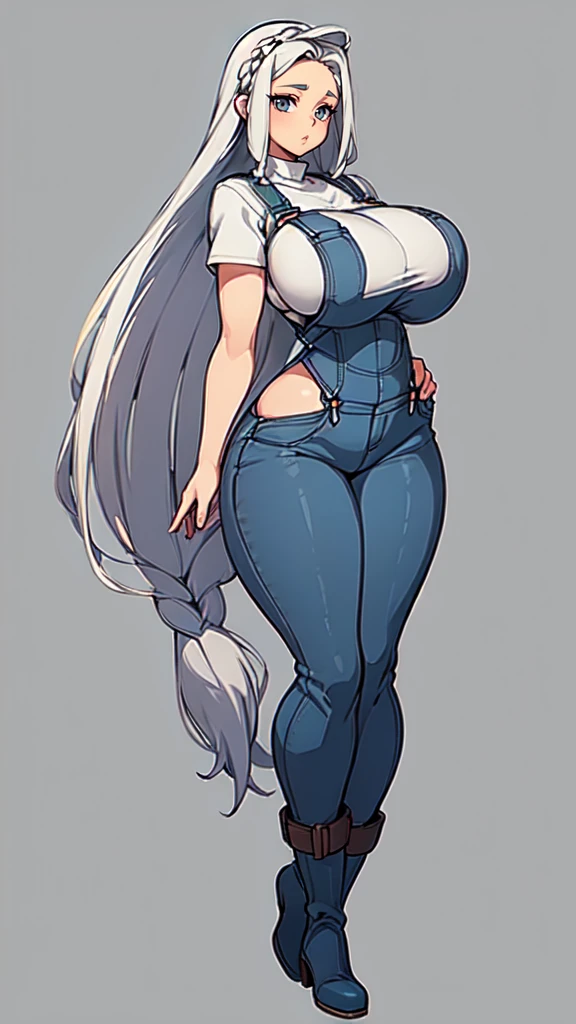 ((blank background)), masterpiece, best quality, silver hair, (curvy:1.7), (massive breast:1.5), ((full body framing)), (long legs:1.6), symmetry, farmer woman, (blue overalls), long boots, belt below navel, lumberjack shirt, (braided hair)