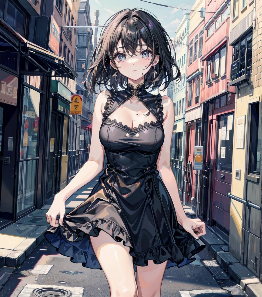 full body, solo, alone, delicate facial features, medium tits, medium hair, black hair, tearful mole, earring, dress, cleavage, street,