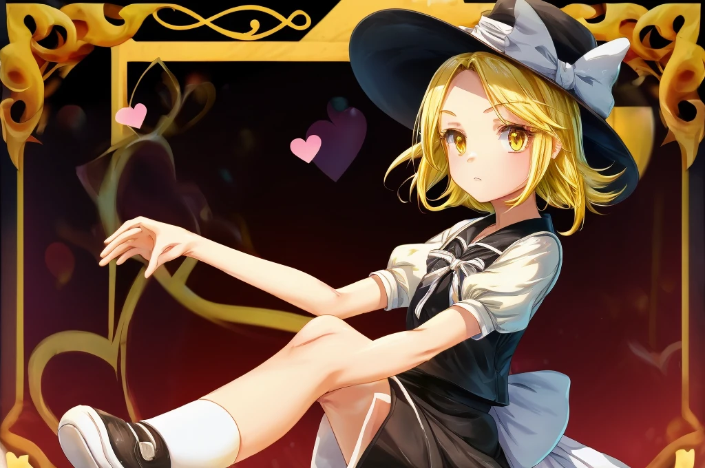1girl, , , masterpiece, best quality, , medium blonde hair, forehead visible bags, yellow eyes, hat, heart, black headwear, puffy short sleeves, log black skirt, heart hads,,1girl, solo, yellow eyes, yellow hair, bow, hat bow, socks, black footwear, black skirt, short sleeves, yuki (touhou), black vest, white sleeves, frill skirt, light smile