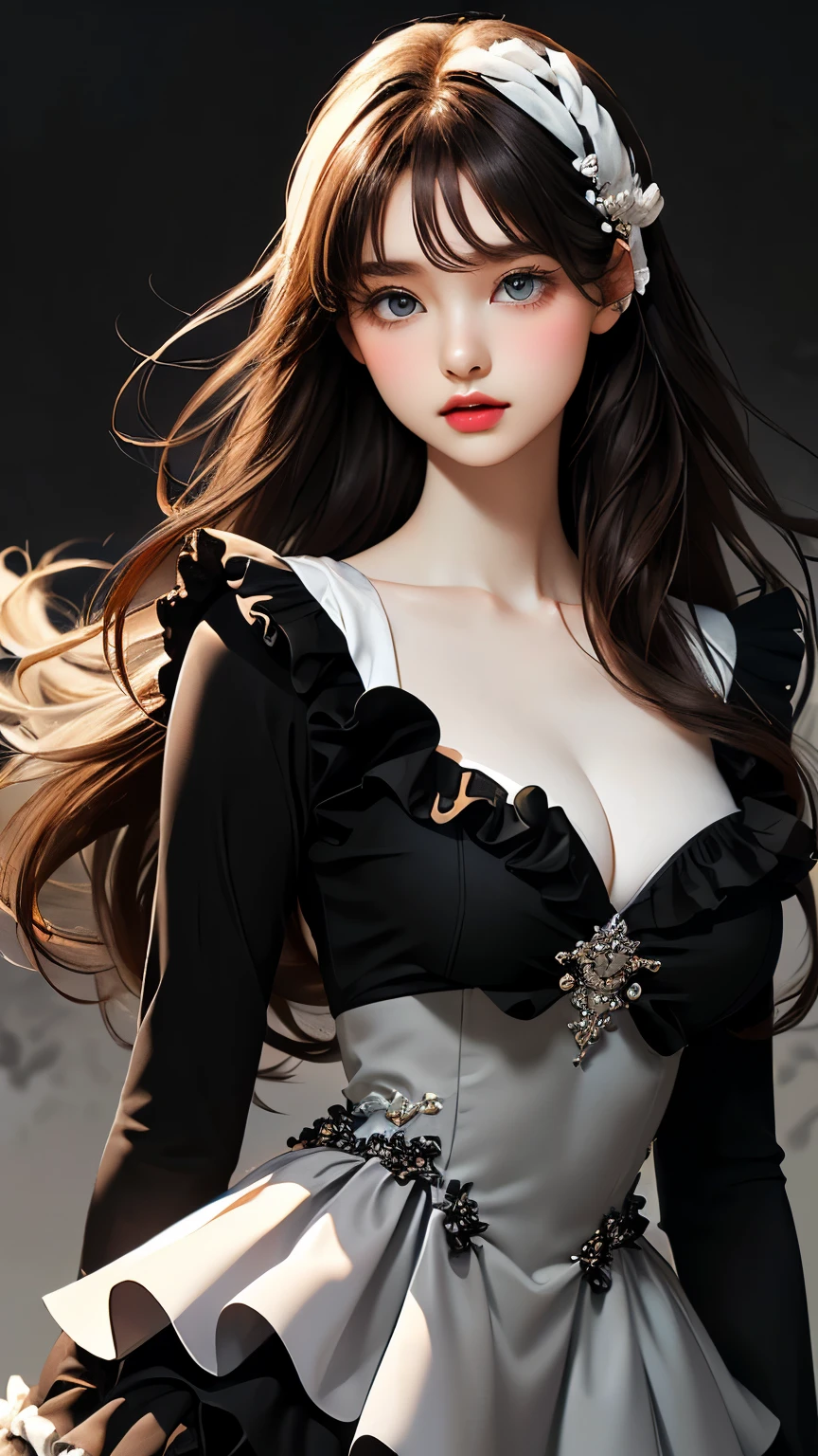 (((masterpiece))),((Highest quality)),Beautiful girl,bangs、(Long Hair:1.5)、(((Big Breasts)))、23 years old、(gorgeous white, Grey and black ruffled dress:1.5)、Race、 Beautiful digital artwork, Beautiful fantasy art,(The background is plain:1.5)、