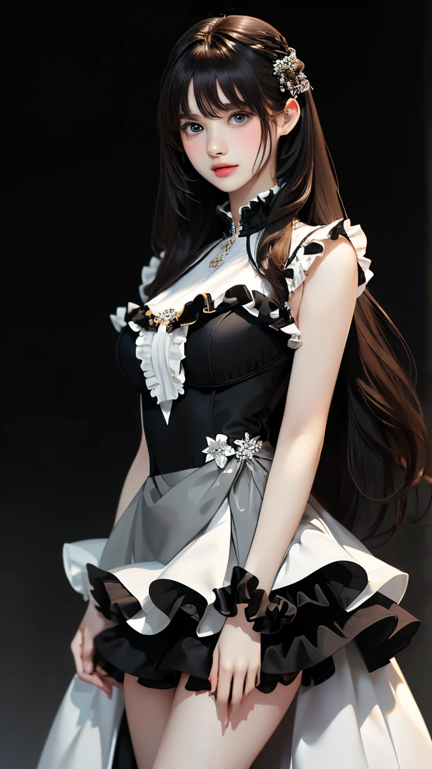 (((masterpiece))),((Highest quality)),Beautiful girl,bangs、(Long Hair:1.5)、(((Big Breasts)))、23 years old、(gorgeous white, Grey and black ruffled dress:1.5)、Race、 Beautiful digital artwork, Beautiful fantasy art,(The background is plain:1.5)、