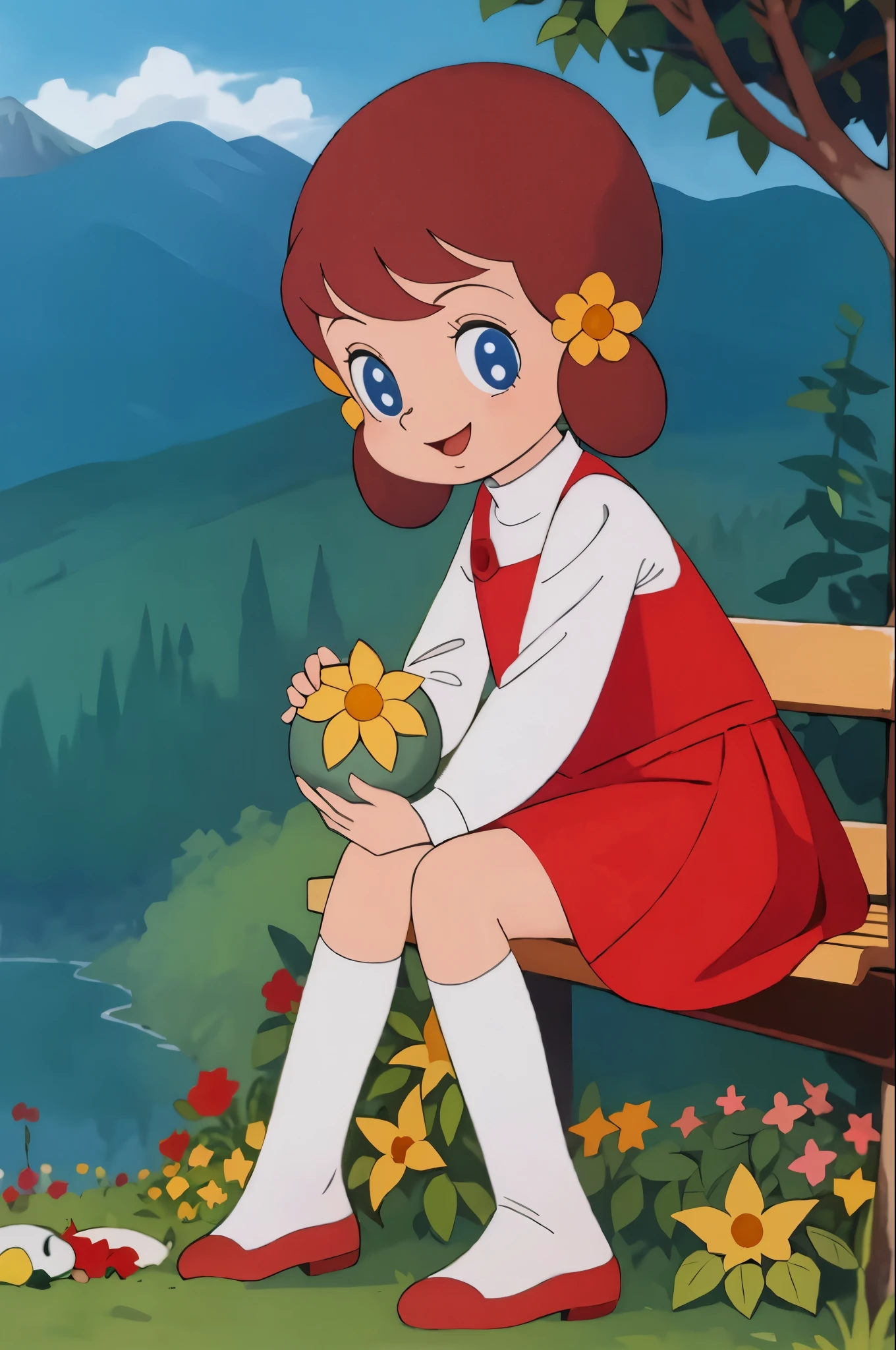 masterpiece, best quality, solo, 1girl,
chappy,
Garden、Sit on a bench、Holding a large triangular rice ball in both hands、Happy expression、Mouth wide open、晴れた日のGarden、