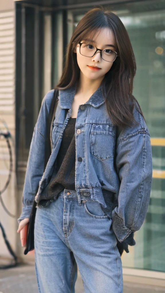 cute dark toned Chinese girl wearing glasses in jeans