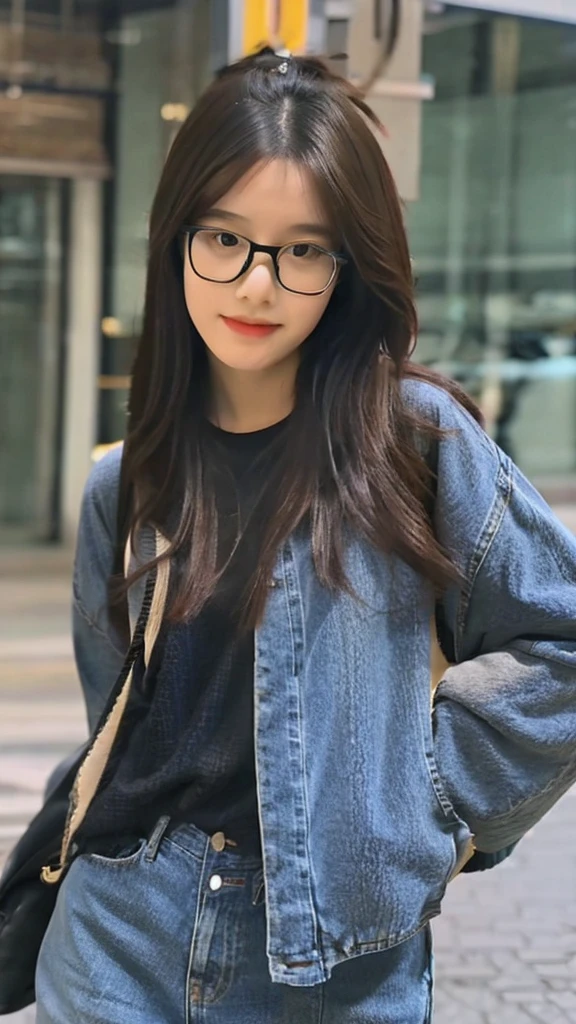 cute dark toned Chinese girl wearing glasses in jeans