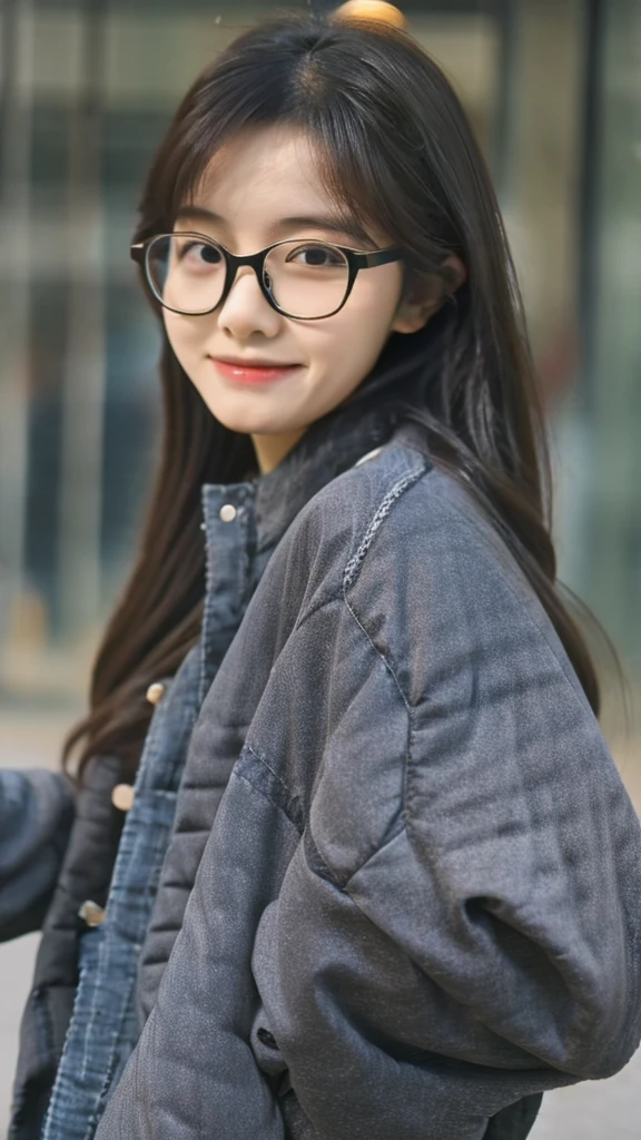 cute dark toned Chinese girl wearing glasses in jeans