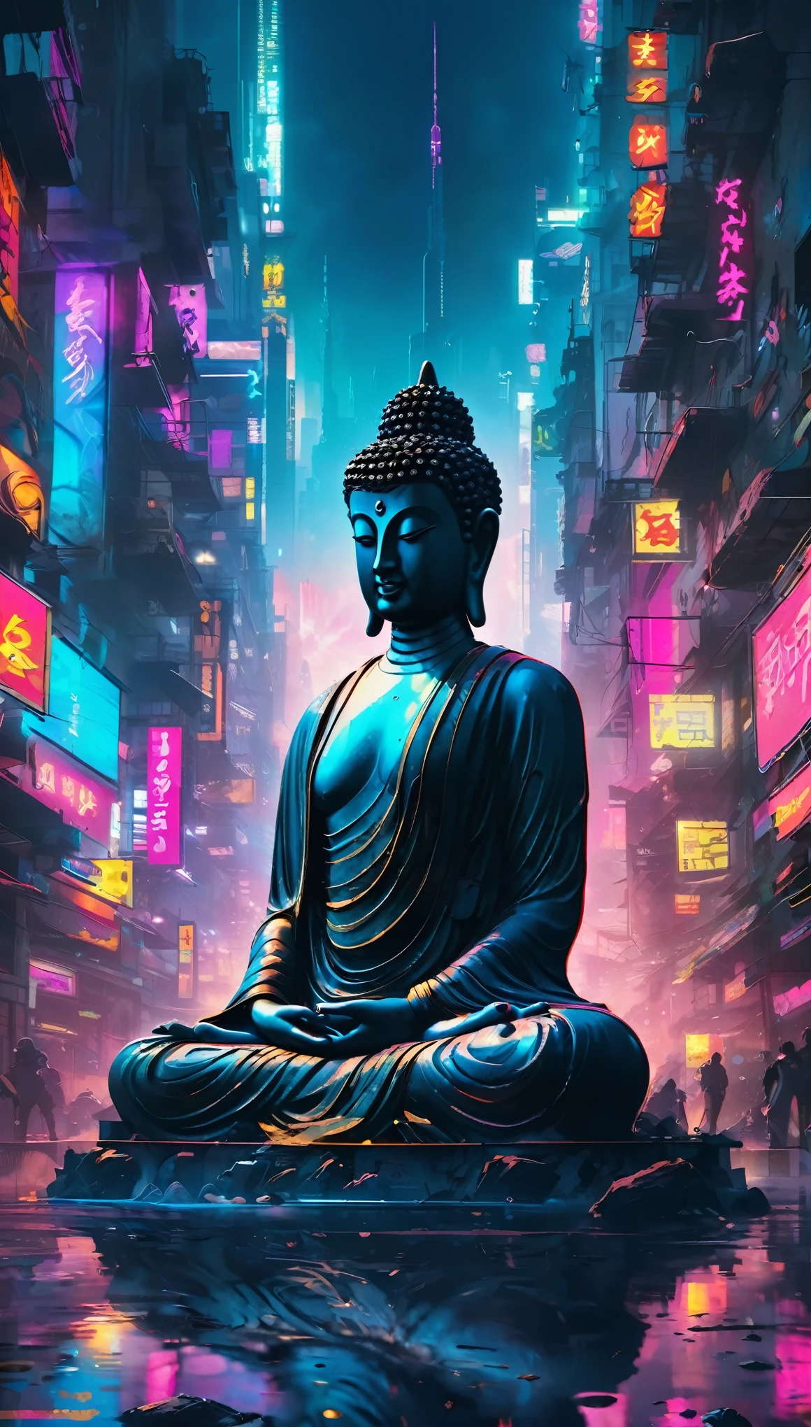 masterpiece: A serene Buddha in the heart of a cyberpunk metropolis Read more:Peaceful Buddha silhouetted against a gritty cyberpunk city background Realistic:Cyberpunk Meditation:Hyperrealistic Zen Buddha in a Neon-Lit Big City:Cyberpunk Meditationのmasterpiece:A serene Buddha in a vibrant, futuristic cityscape. Curvaceous beauty.:Cyberpunk Meditation:A sophisticated and modern Buddha surrounded by the sleek and sharp edges of the neon city.