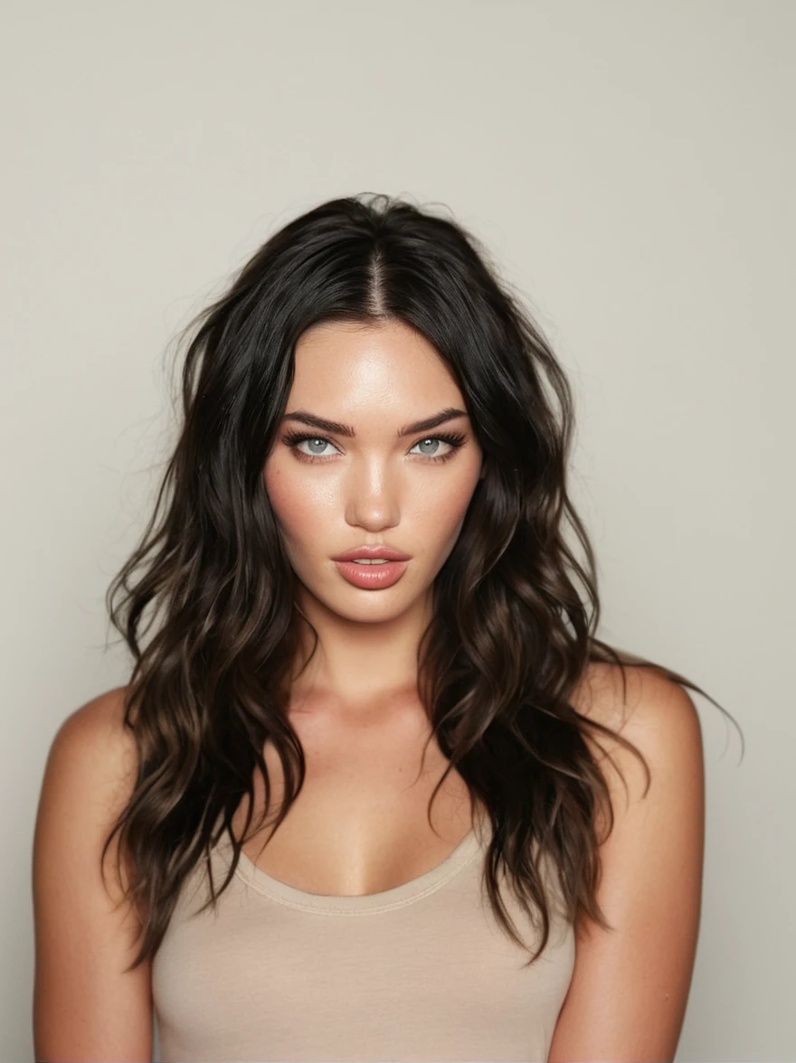 a realistic instagram photo of a [ really beautiful exotic androgynous supermodel 19 year old woman] , with [long, dark hair, short beachy waves hair style ] , looks like [Megan FOX] and [Adriana Lima], light makeup, looking [innocent, cute, flushed] , neutral background [light] skin --ar 9:16 --stylize 750 --v 6