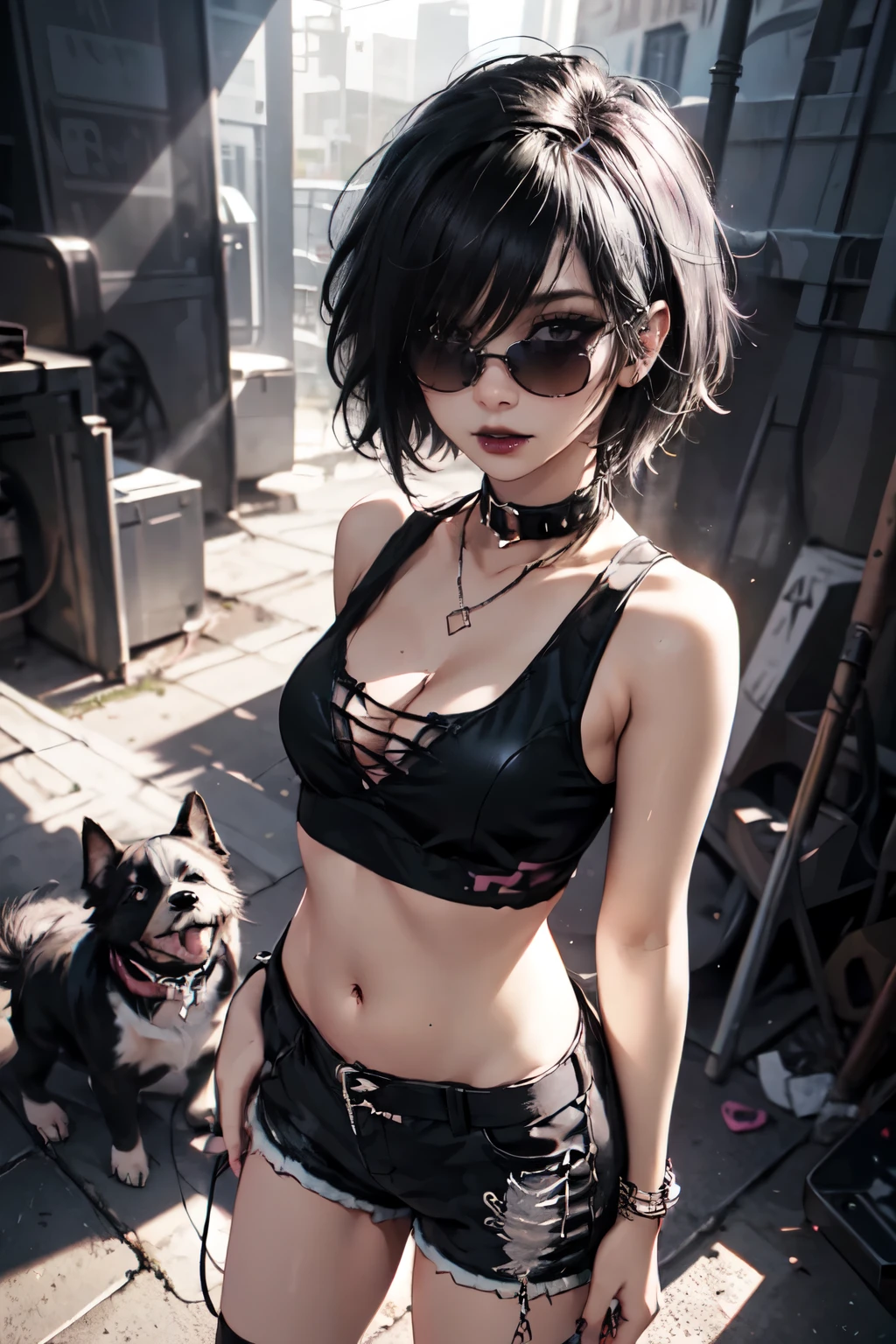 Girl, woman, emo_hairstyle, black lipstick, dog collar, eyeliner, eye shadow, smoky eyes, realistic lighting, short hair, cleavage, standing up, white tight open-cut top, transparent tight shorts, punk, sunglasses, lollipop.