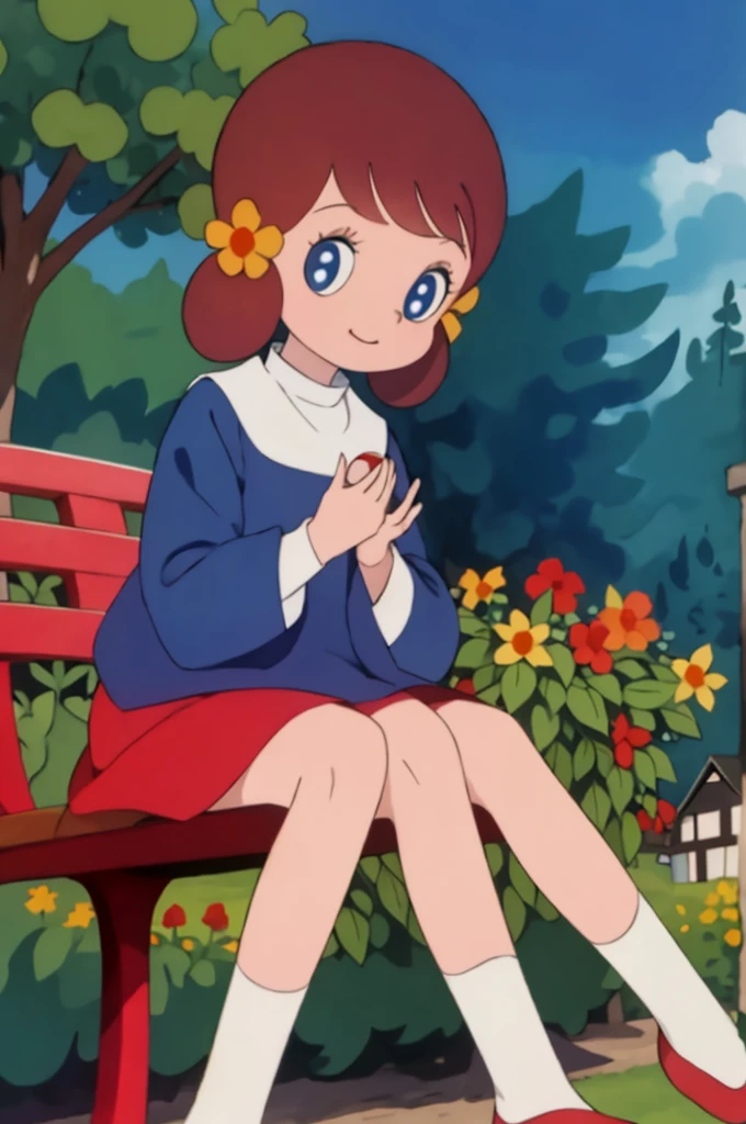 masterpiece, best quality, solo, 1girl,
chappy,
Garden、Sit on a bench、Holding a large triangular rice ball in both hands、Happy expression、Mouth wide open、晴れた日のGarden、白いのり巻きおにぎり、