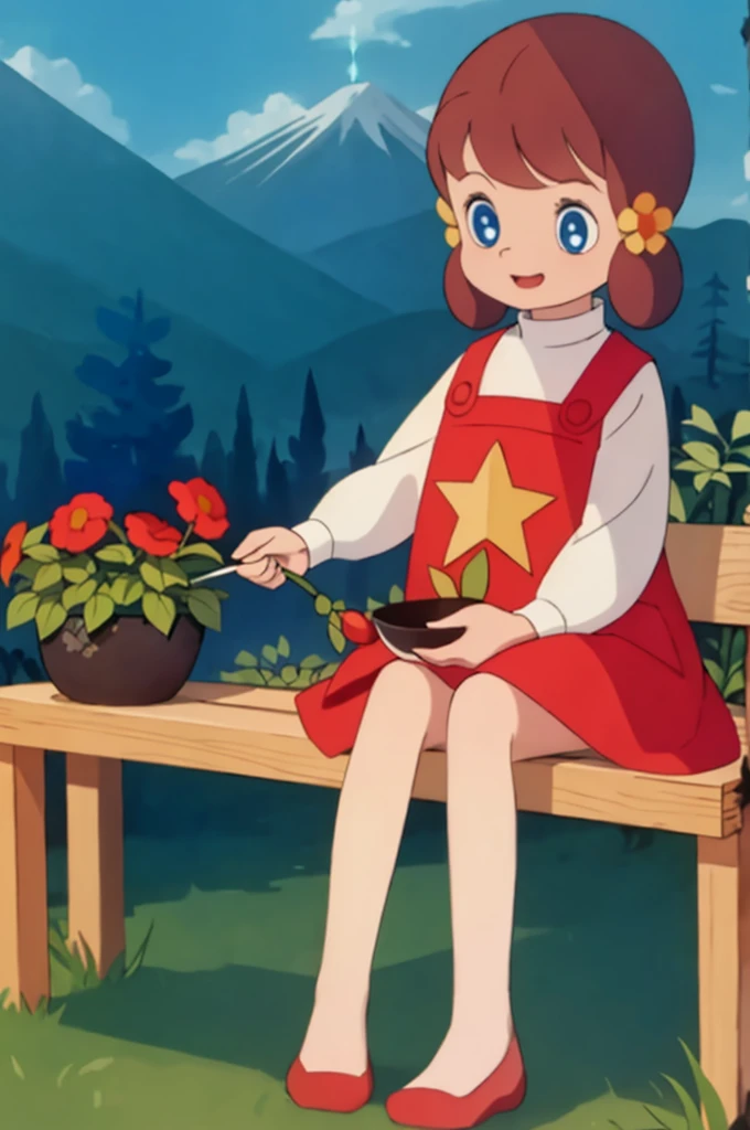masterpiece, best quality, solo, 1girl, 
 chappy,
Garden、Sit on a bench、Holding a large triangular rice ball in both hands、Happy expression、Mouth wide open、晴れた日のGarden、白いのり巻きおにぎり、