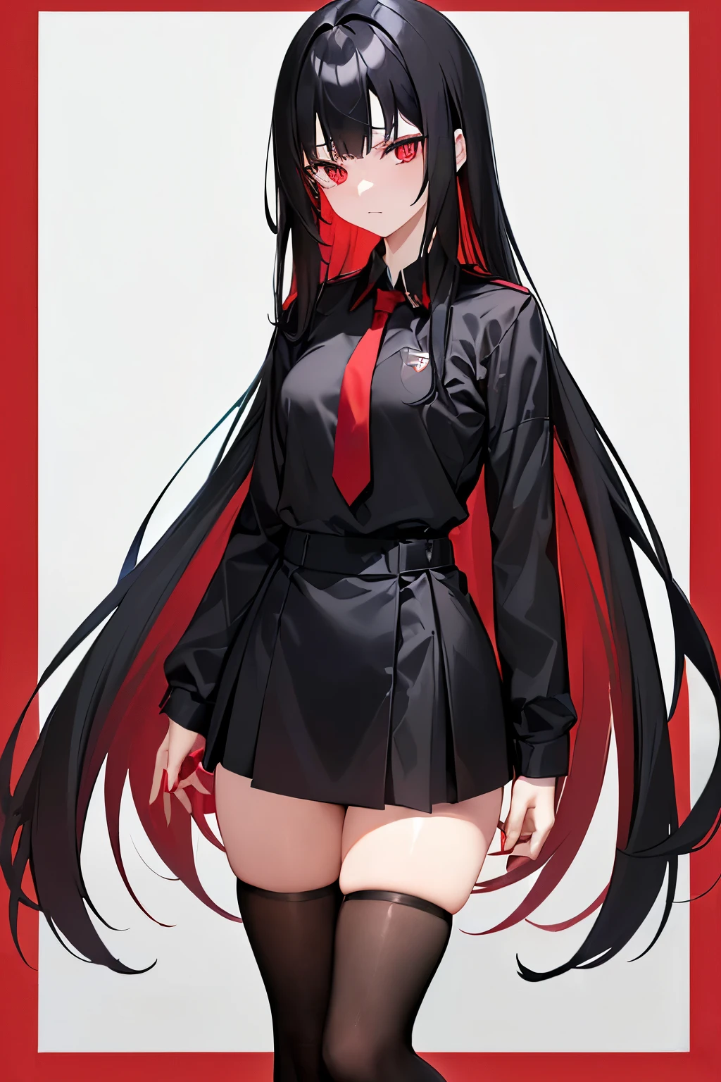 (Long black hair+The inner color is red）、（Dark Eyes）、Slim figure girl、Look at me with disdain。 （She is wearing a black uniform）、She wears a white T-shirt under her uniform.。Wearing a red tie。 She has black tights on her legs。 He has black gloves on his hands。 The background is school。