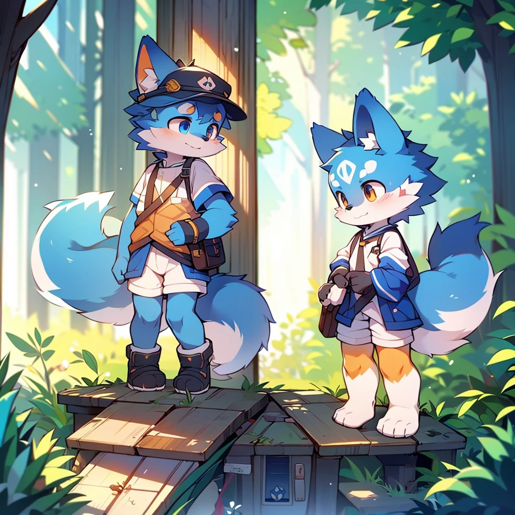 Blue fur, Canine, fox motif, boy, uniform,expensive，One person，Stand on your feet，