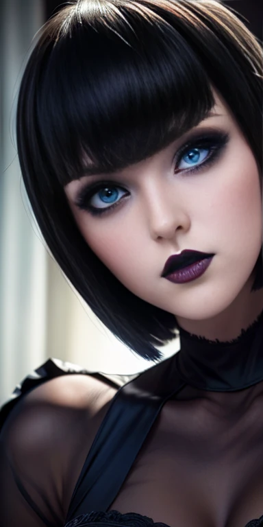 Closeup of mavis dracula, extraordinary beauty and very detailed, blue eyes white skin short bob hair with bangs and eyeliner, gothic makeup thick lips,solo face high resolution levels 12k image 1.2 high resolution