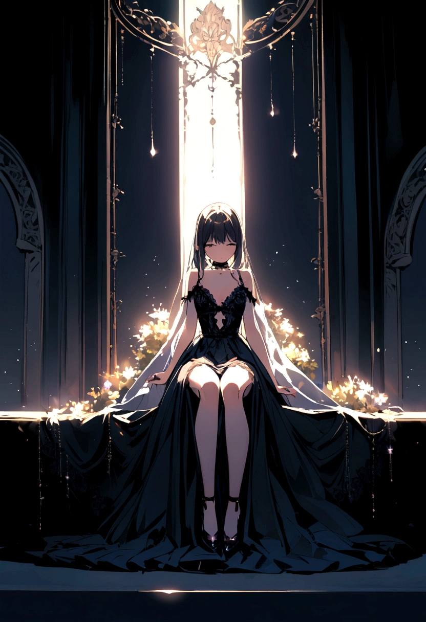 A girl in lingerie sits elegantly under the light