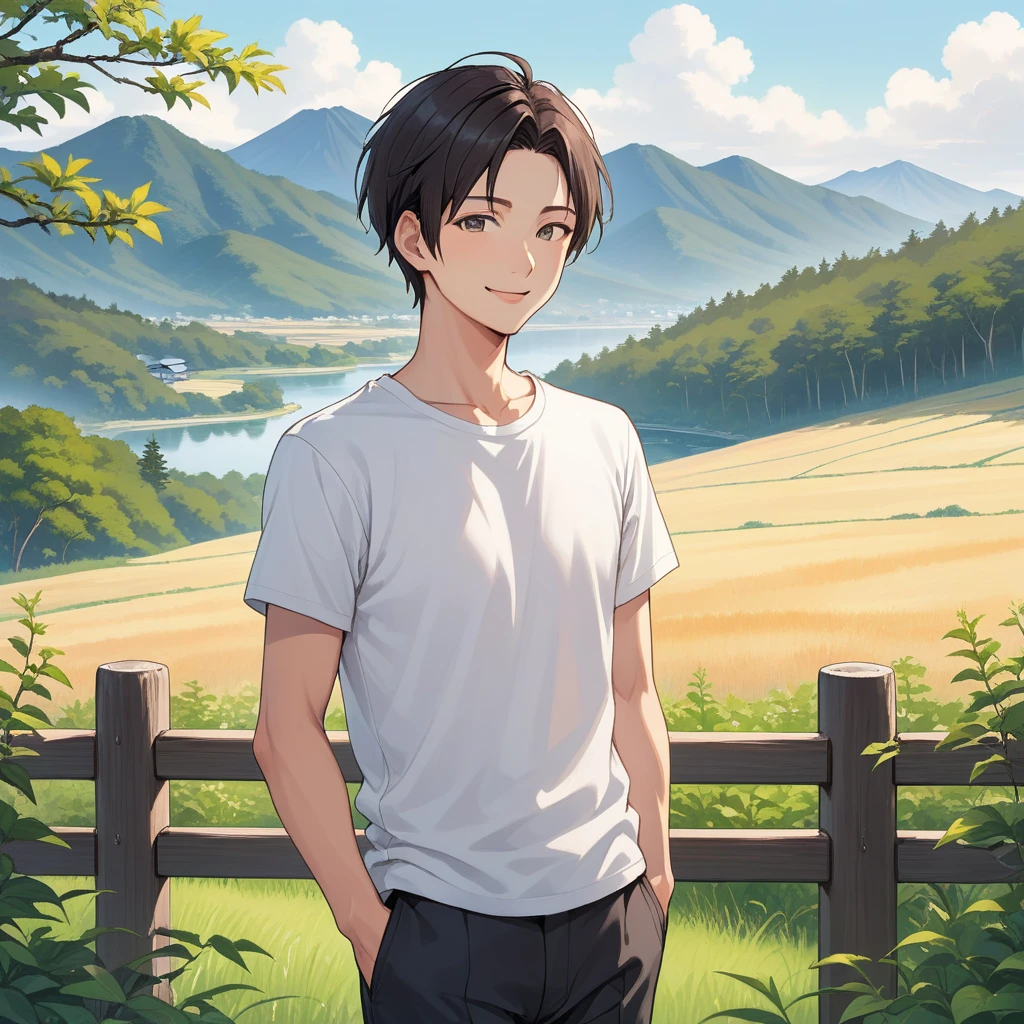 A gentle and warm illustration of a Japanese man in his early 30s with short hair, wearing a white T-shirt and black pants. He is slim and about 170cm tall, with a friendly rather than handsome face. He has a gentle smile and a slightly melancholic look in his eyes. The background is a beautiful landscape where digital and nature are fused. The overall style should be natural and approachable, emphasizing trustworthiness.