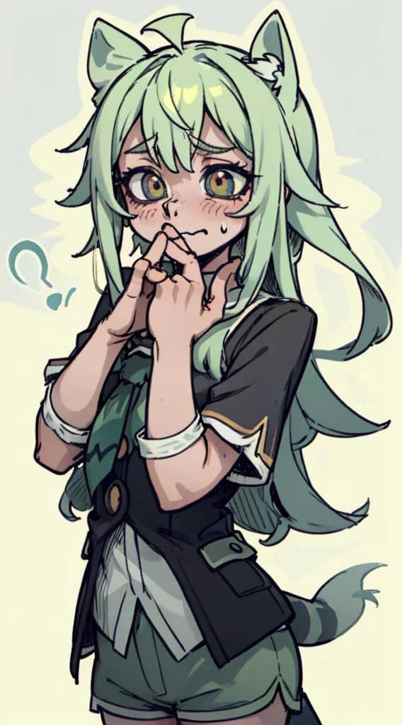 shy, scared, baggy eyes, light green background, cat smile , change , very long hair ,detailed hands ,light green hair color, blushing, sweat, drops , flushed ,orejas de zorro caidas, uniforme escolar , shorts muy cortos , shorts , extremadamente ruborizada