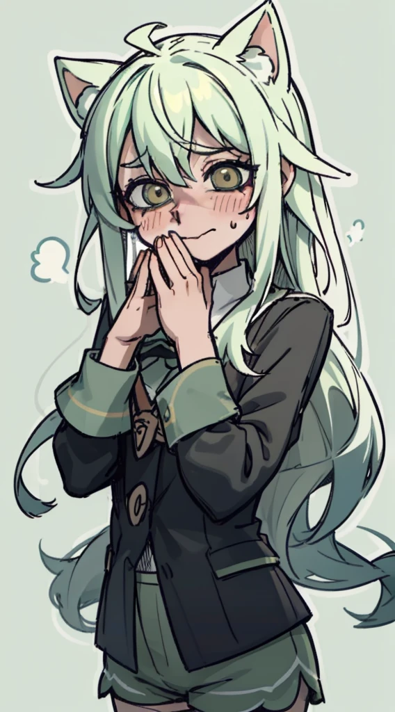 shy, scared, baggy eyes, light green background, cat smile , change , very long hair ,detailed hands ,light green hair color, blushing, sweat, drops , flushed ,orejas de zorro caidas, uniforme escolar , shorts muy cortos , shorts , extremadamente ruborizada